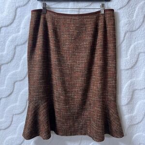 Le Suit Midi Skirt Womens Tweed Dark Academia Flounce Hem Brown Wool 12